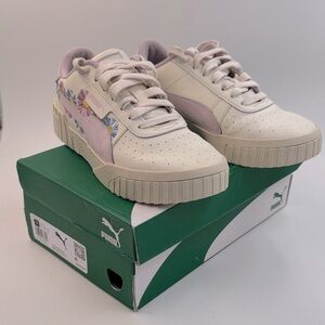Puma Cali Embroidered Kids Cream and Purple Floral Sneakers